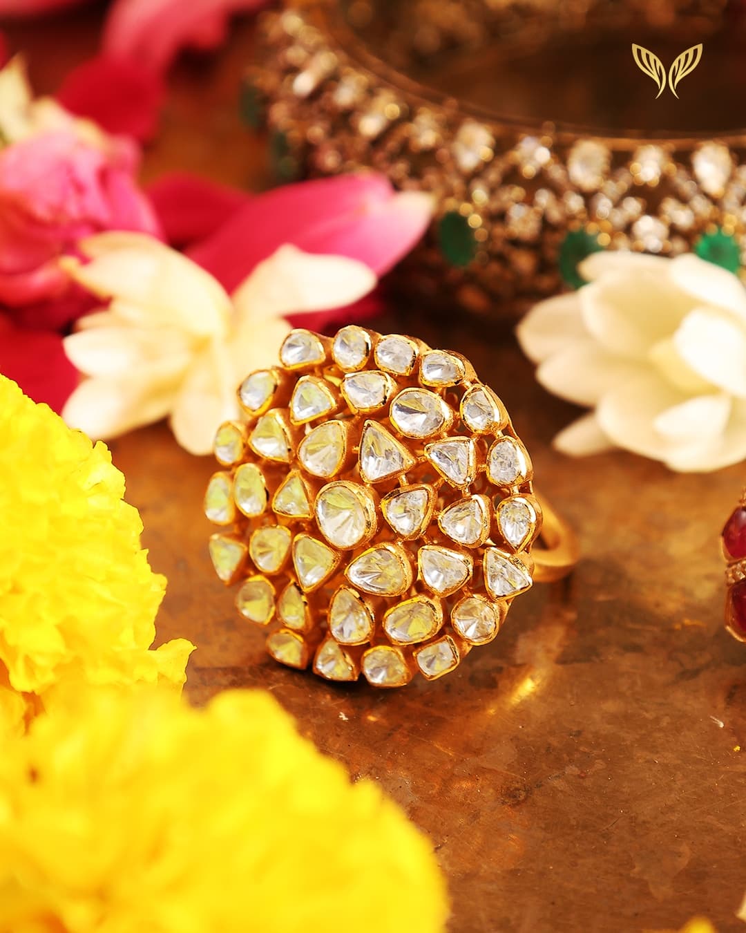 Kundan Blossom Silver Ring